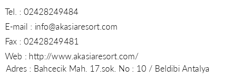 Akasia Resort telefon numaralar, faks, e-mail, posta adresi ve iletiim bilgileri